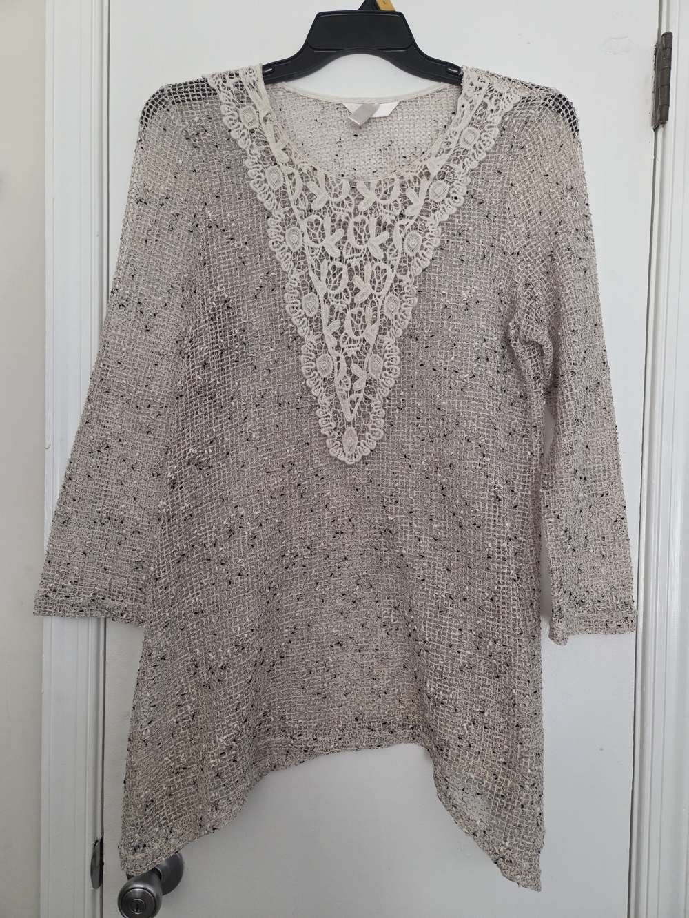 Krazy Kat Open Knit Crochet Lace Tunic Top Neutral Large Asymmetrical Hem